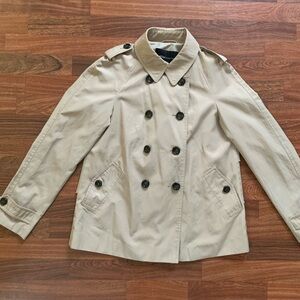 Moda international Women Double Breasted tiered Ruffle back trench jacket Sz M